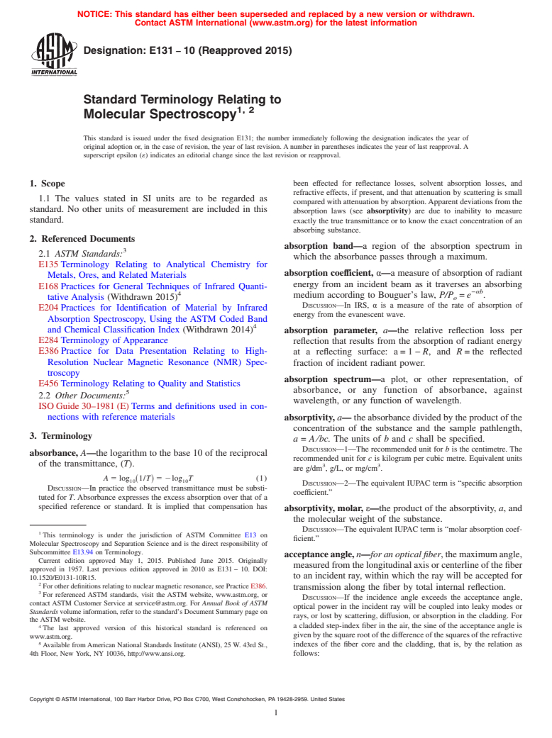 ASTM E131-10(2015) - Standard Terminology Relating to Molecular Spectroscopy