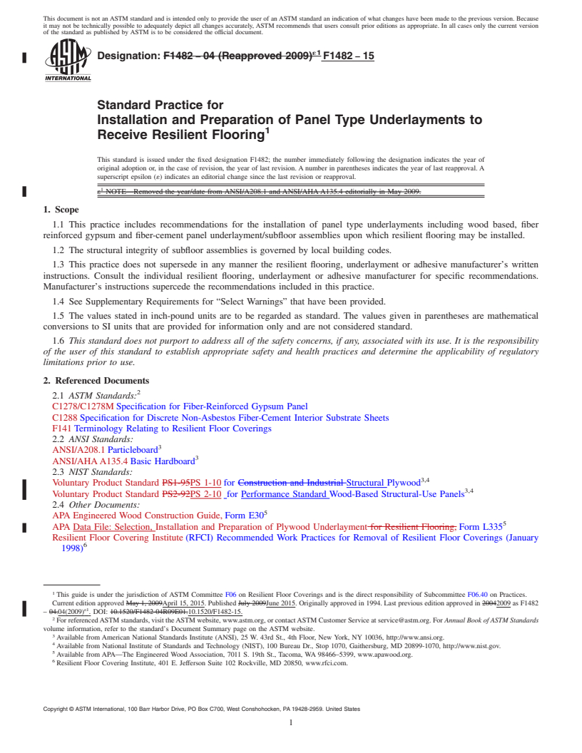 REDLINE ASTM F1482-15 - Standard Practice for  Installation and Preparation of Panel Type Underlayments to  Receive Resilient Flooring