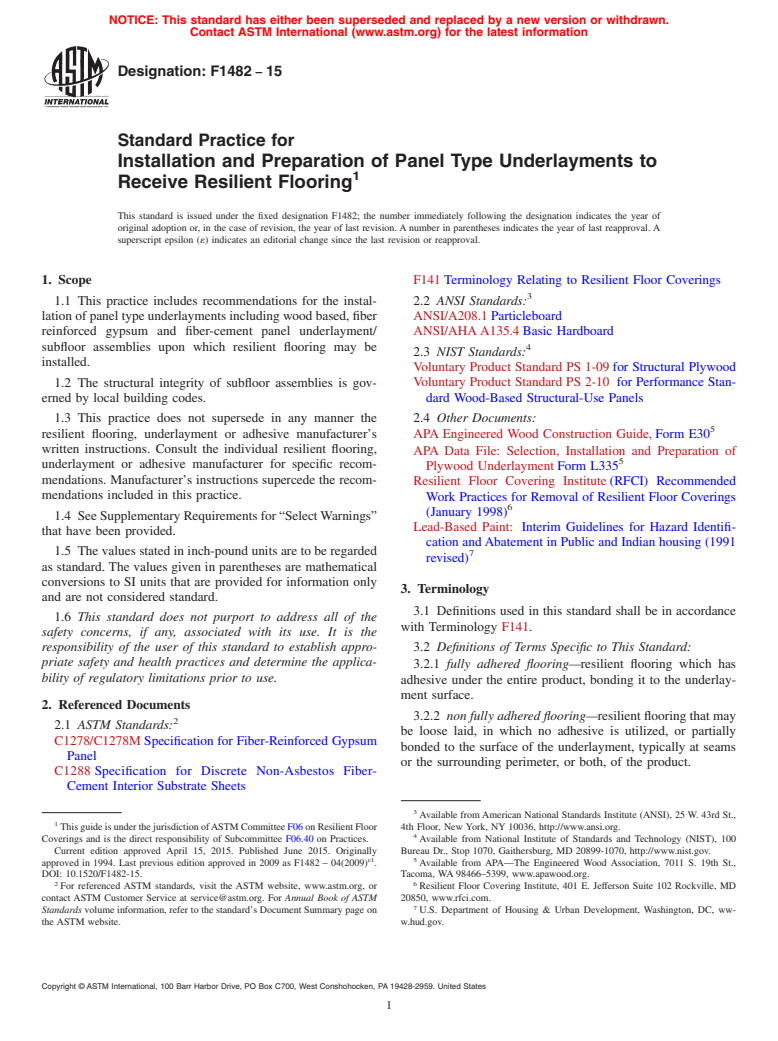 ASTM F1482-15 - Standard Practice for  Installation and Preparation of Panel Type Underlayments to  Receive Resilient Flooring