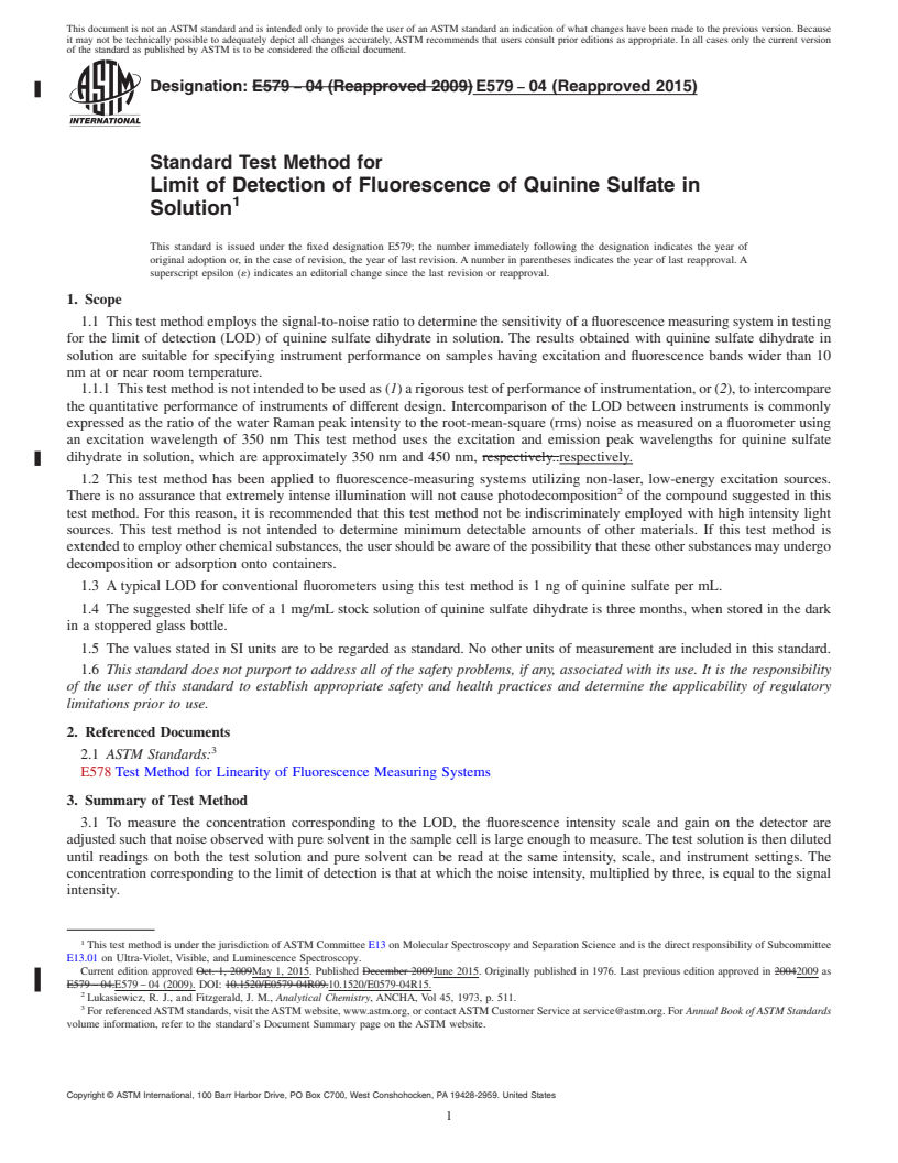 REDLINE ASTM E579-04(2015) - Standard Test Method for Limit of Detection of Fluorescence of Quinine Sulfate in Solution