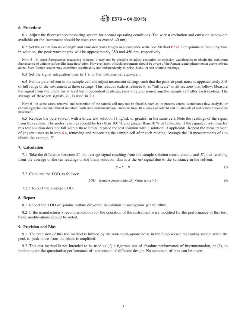 REDLINE ASTM E579-04(2015) - Standard Test Method for Limit of Detection of Fluorescence of Quinine Sulfate in Solution