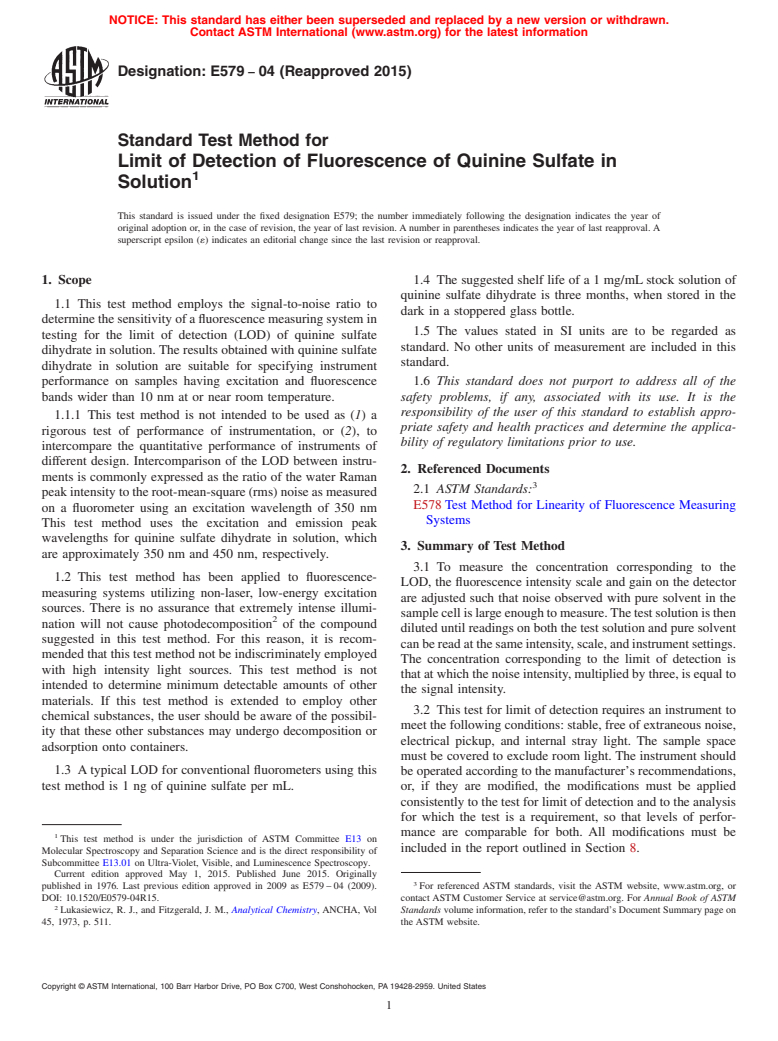 ASTM E579-04(2015) - Standard Test Method for Limit of Detection of Fluorescence of Quinine Sulfate in Solution