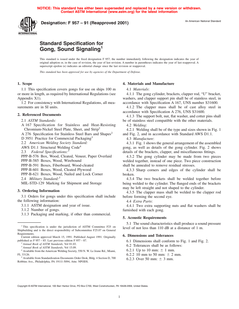 ASTM F957-91(2001) - Standard Specification for Gong, Sound Signaling