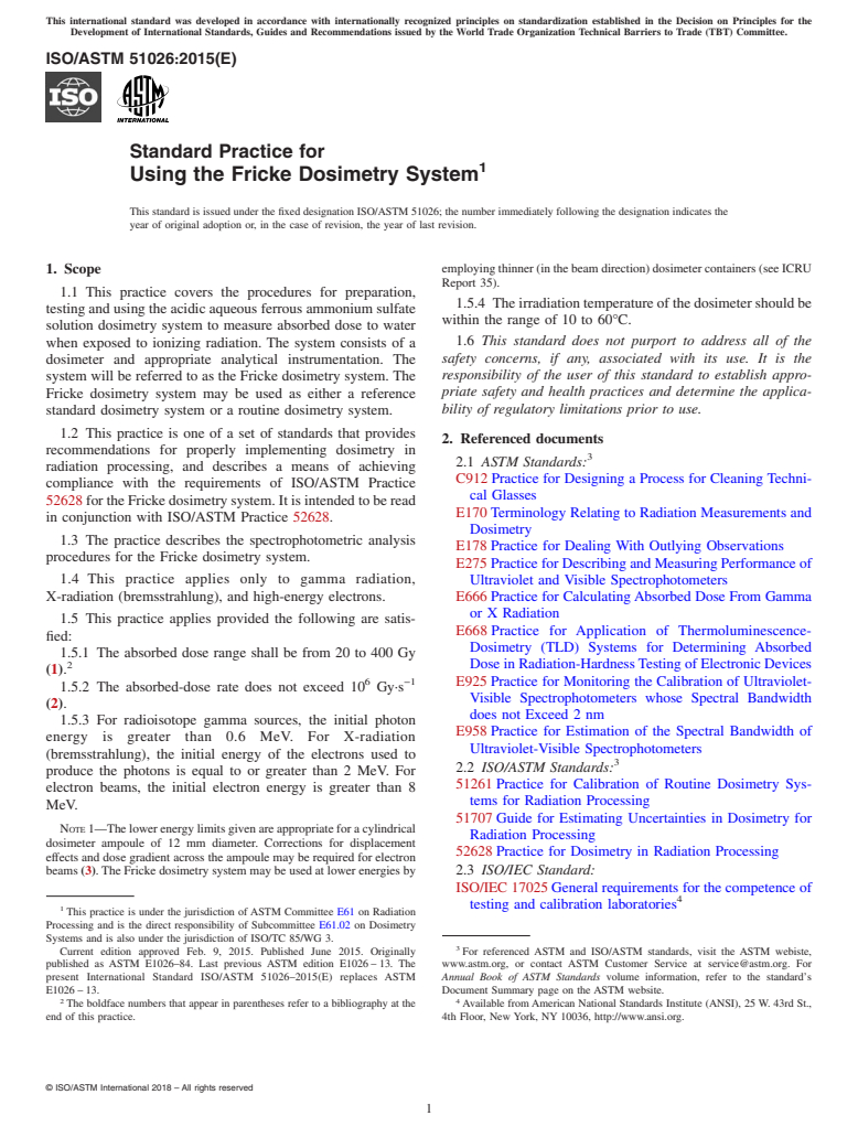 ASTM ISO/ASTM51026-15 - Standard Practice for  Using the Fricke Dosimetry System