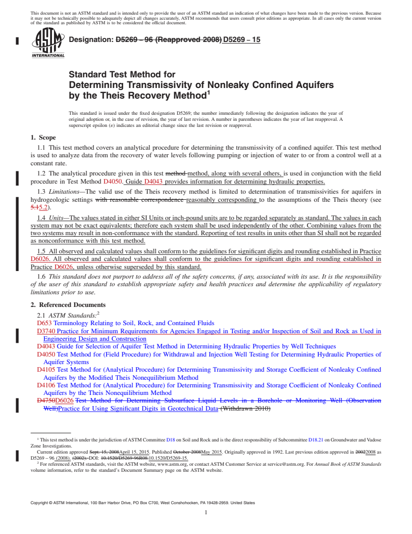 REDLINE ASTM D5269-15 - Standard Test Method for  Determining Transmissivity of Nonleaky Confined Aquifers by   the Theis Recovery Method
