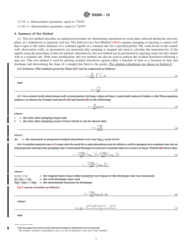 REDLINE ASTM D5269-15 - Standard Test Method for  Determining Transmissivity of Nonleaky Confined Aquifers by   the Theis Recovery Method