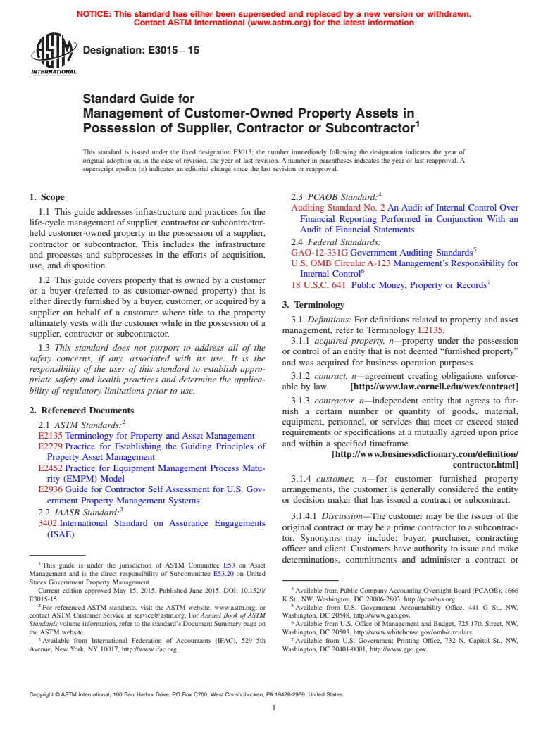 ASTM E3015-15 - Standard Guide for Management of Customer-Owned Property Assets in Possession  of Supplier, Contractor or Subcontractor