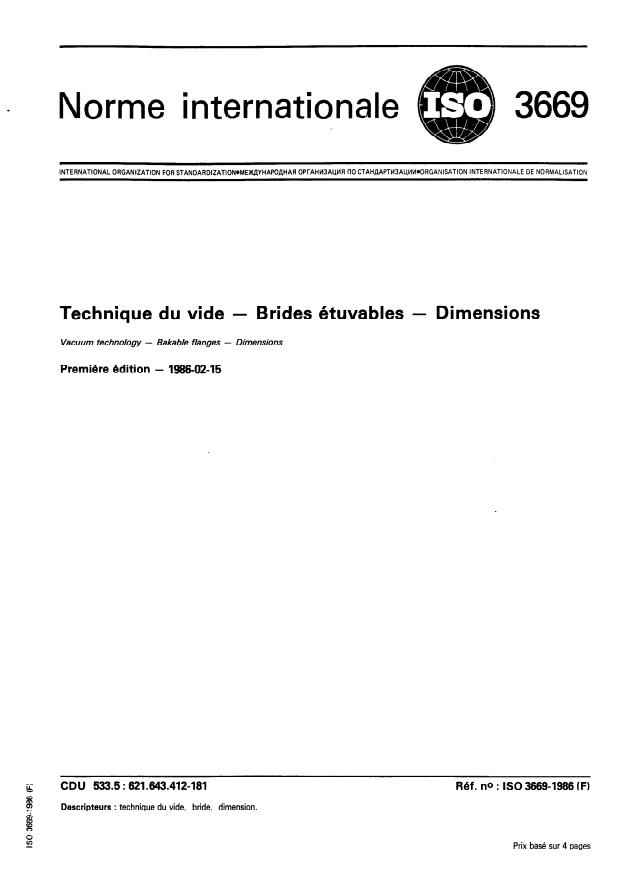 ISO 3669:1986 - Technique du vide -- Brides étuvables -- Dimensions