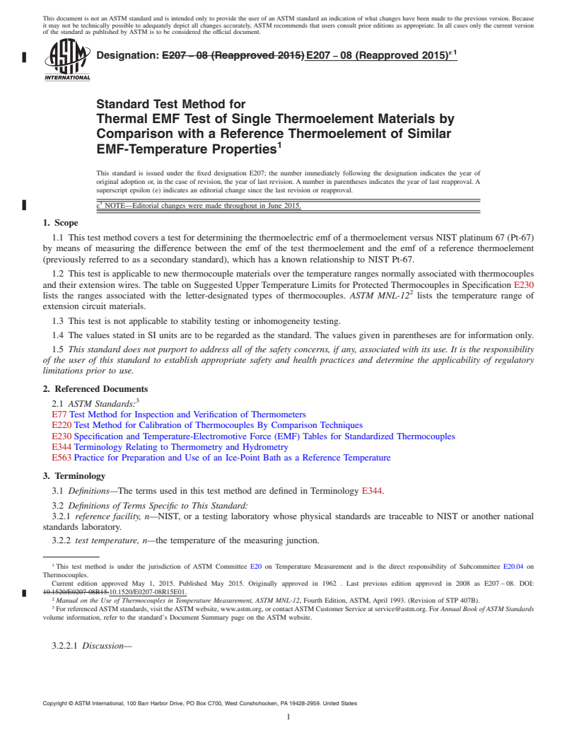 REDLINE ASTM E207-08(2015)e1 - Standard Test Method for  Thermal EMF Test of Single Thermoelement Materials by Comparison   with a Reference Thermoelement of Similar EMF-Temperature Properties