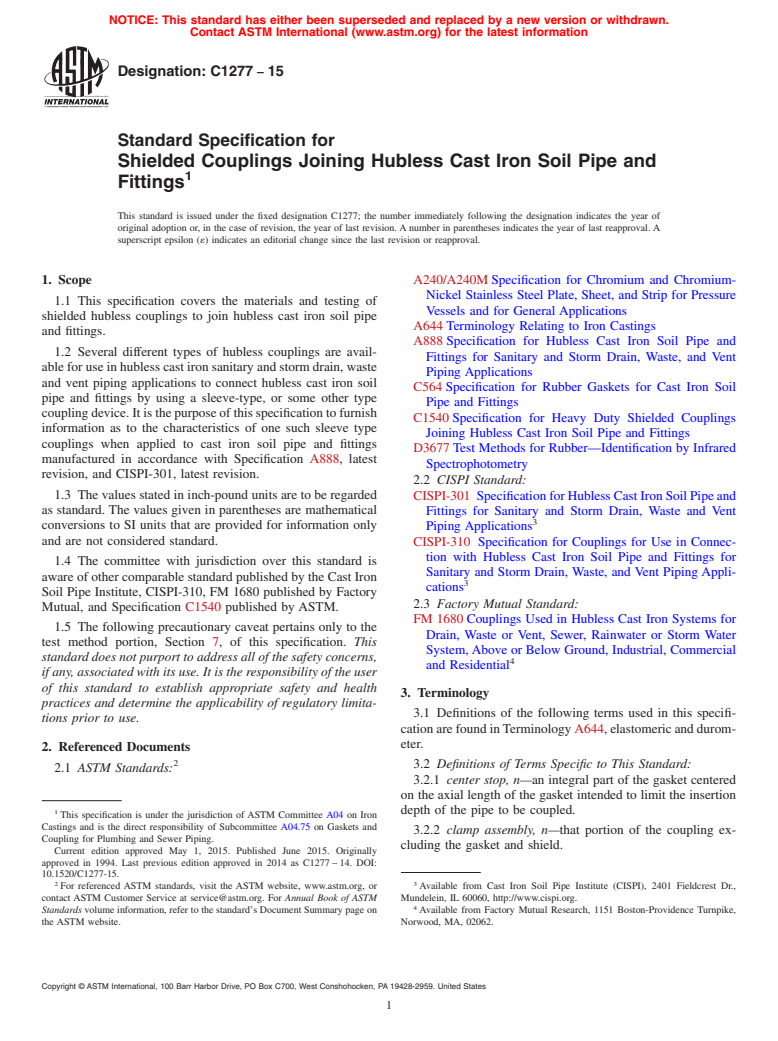 ASTM C1277-15 - Standard Specification for  Shielded Couplings Joining Hubless Cast Iron Soil Pipe and   Fittings