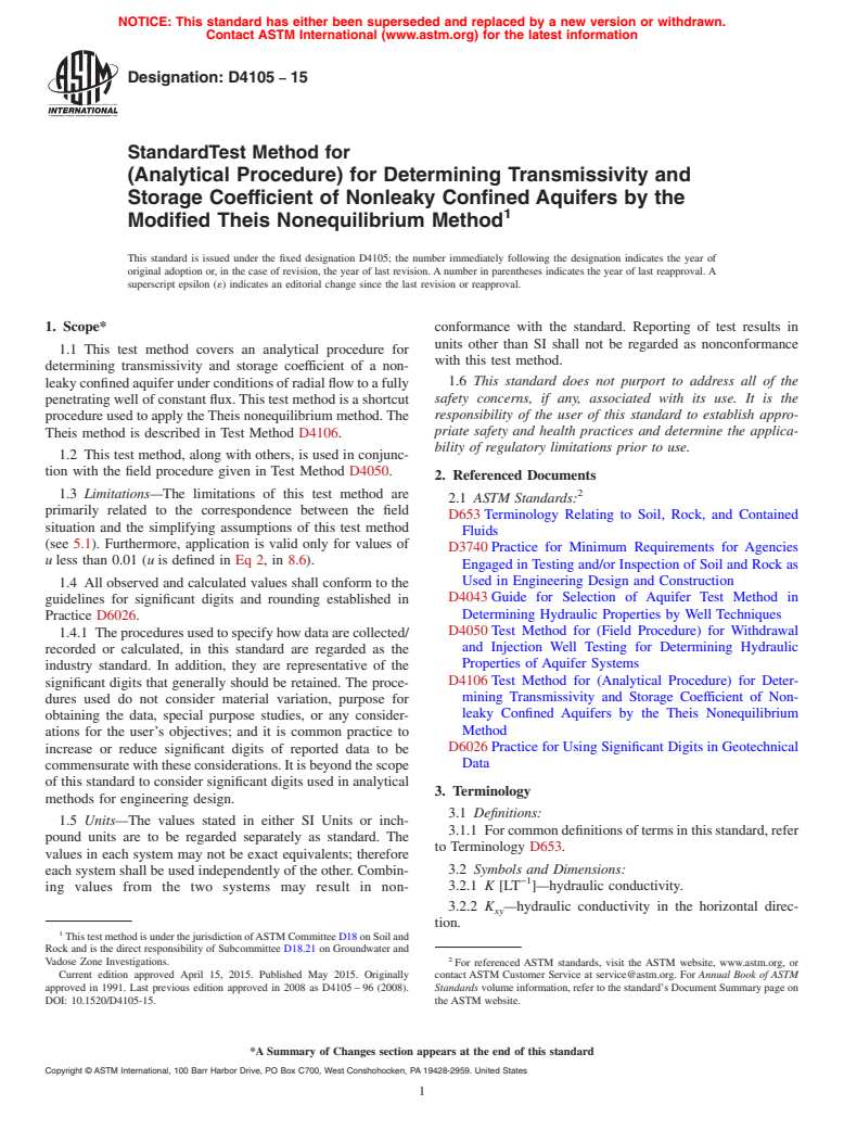 ASTM D4105-15 - Standard Test Method for  (Analytical Procedure) for Determining Transmissivity and Storage  Coefficient of Nonleaky Confined Aquifers by the Modified Theis Nonequilibrium  Method
