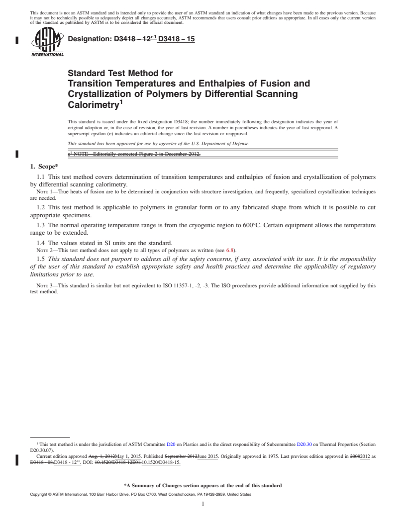 REDLINE ASTM D3418-15 - Standard Test Method for  Transition Temperatures and Enthalpies of Fusion and Crystallization  of Polymers by Differential Scanning Calorimetry