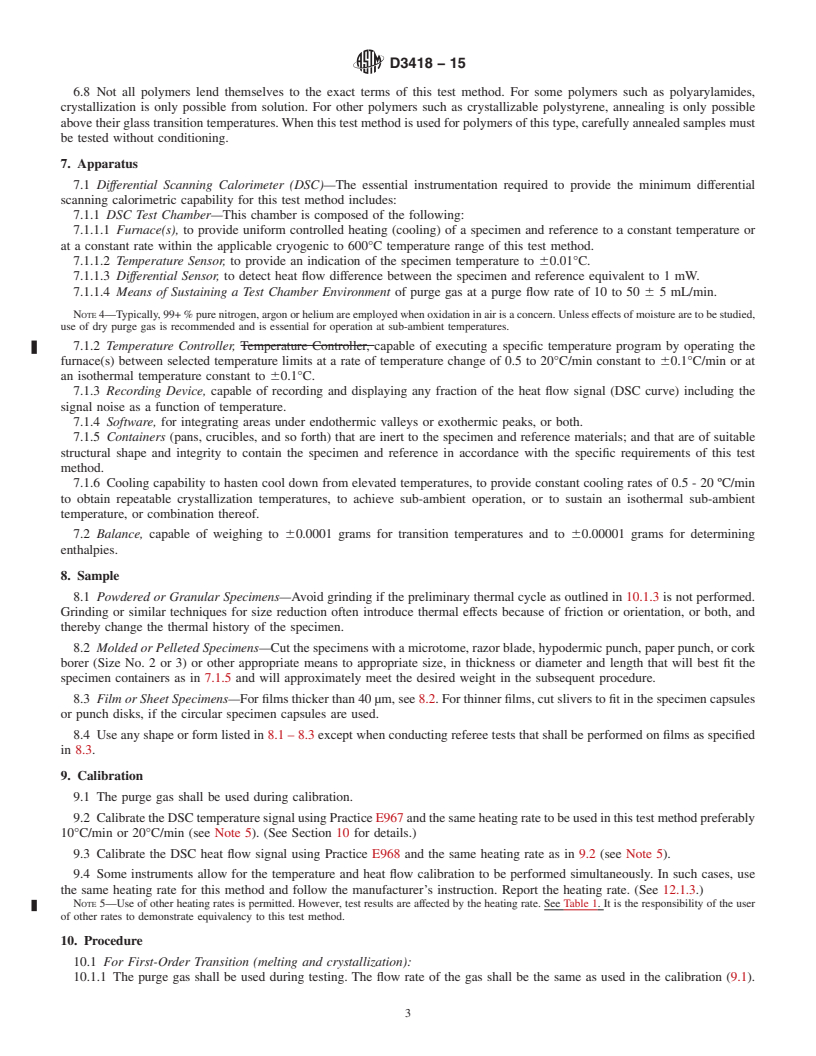 REDLINE ASTM D3418-15 - Standard Test Method for  Transition Temperatures and Enthalpies of Fusion and Crystallization  of Polymers by Differential Scanning Calorimetry