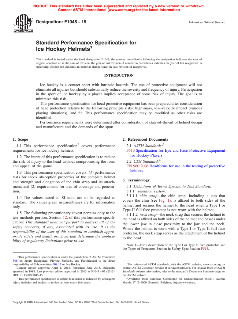 ASTM F1045-15 - Standard Performance Specification for  Ice Hockey Helmets