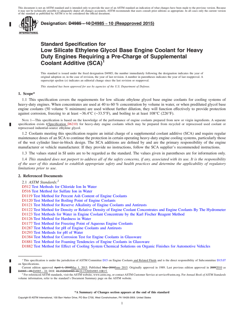 REDLINE ASTM D4985-10(2015) - Standard Specification for Low Silicate Ethylene Glycol Base Engine Coolant for Heavy  Duty Engines Requiring a Pre-Charge of Supplemental Coolant Additive  (SCA)