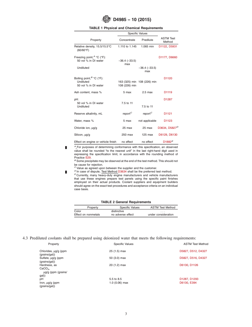 REDLINE ASTM D4985-10(2015) - Standard Specification for Low Silicate Ethylene Glycol Base Engine Coolant for Heavy  Duty Engines Requiring a Pre-Charge of Supplemental Coolant Additive  (SCA)