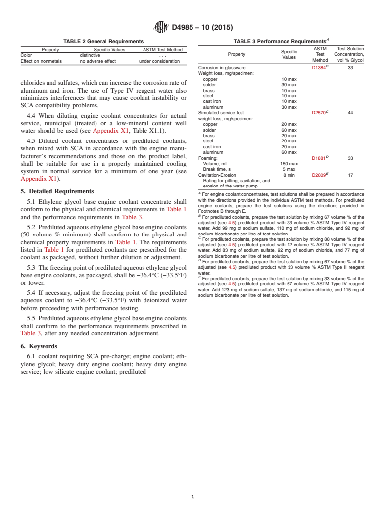 ASTM D4985-10(2015) - Standard Specification for Low Silicate Ethylene Glycol Base Engine Coolant for Heavy  Duty Engines Requiring a Pre-Charge of Supplemental Coolant Additive  (SCA)