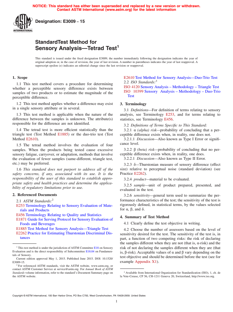 ASTM E3009-15 - Standard Test Method for Sensory Analysis&mdash;Tetrad Test