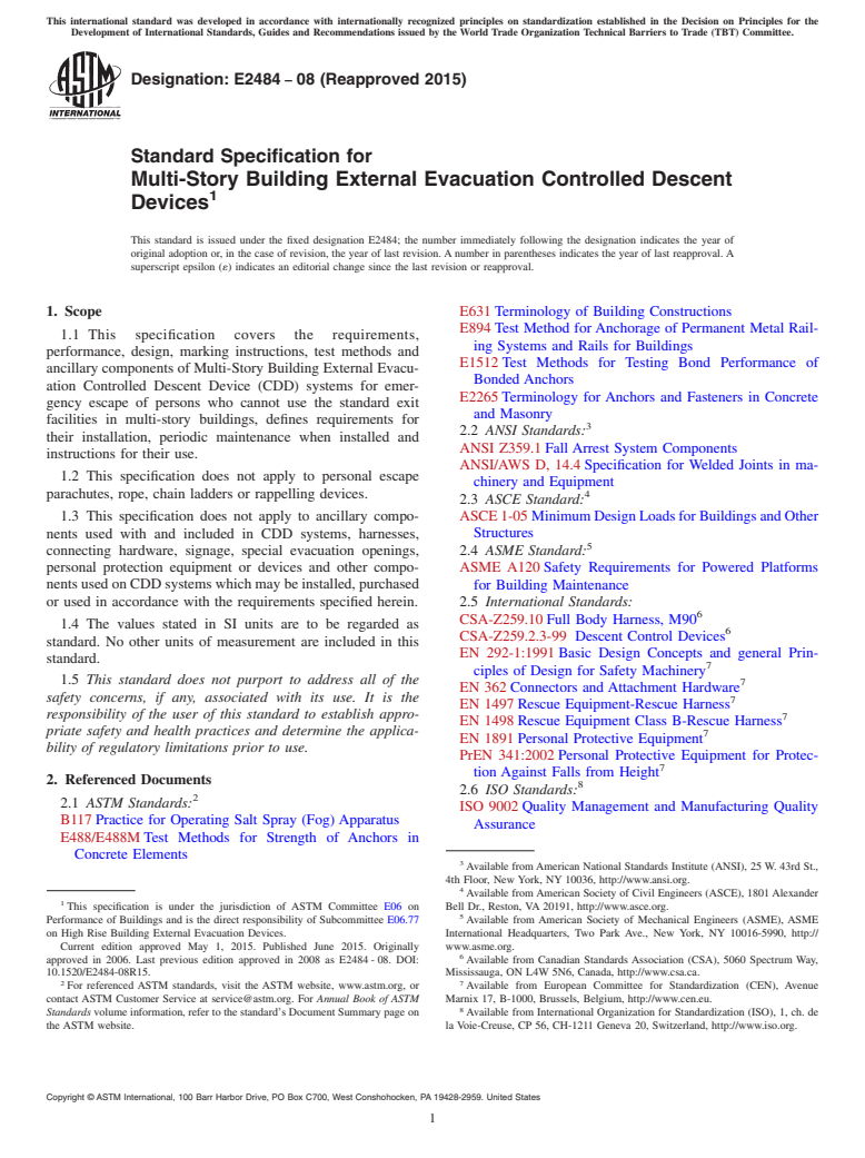 ASTM E2484-08(2015) - Standard Specification for Multi-Story Building External Evacuation Controlled Descent  Devices