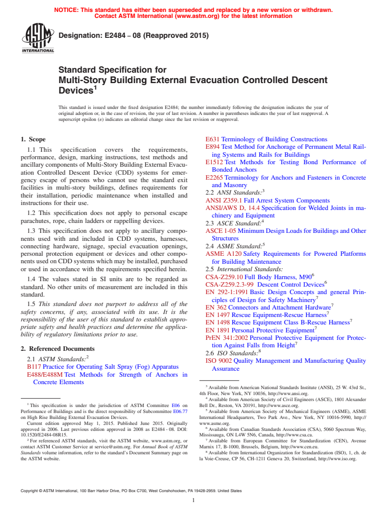 ASTM E2484-08(2015) - Standard Specification for Multi-Story Building External Evacuation Controlled Descent  Devices (Withdrawn 2024)