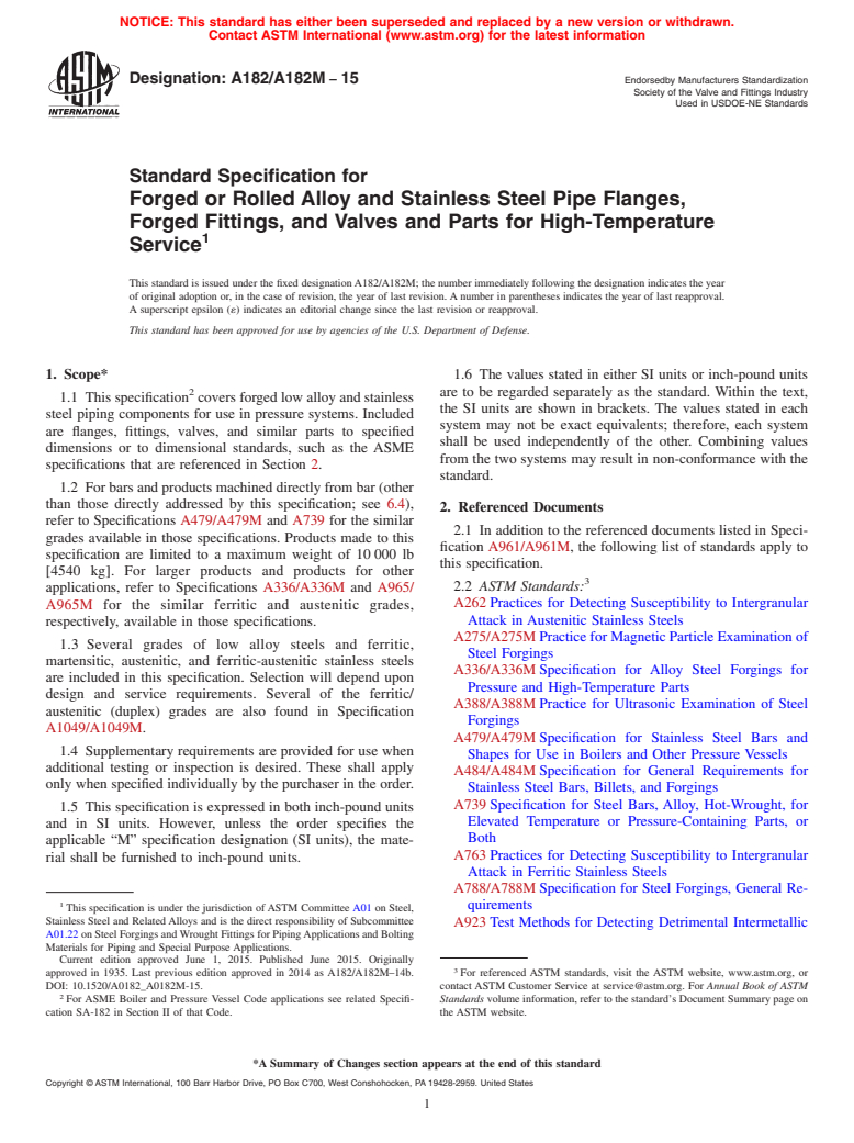 ASTM A182/A182M-15 - Standard Specification for  Forged or Rolled Alloy and Stainless Steel Pipe Flanges, Forged   Fittings, and Valves and Parts for High-Temperature Service