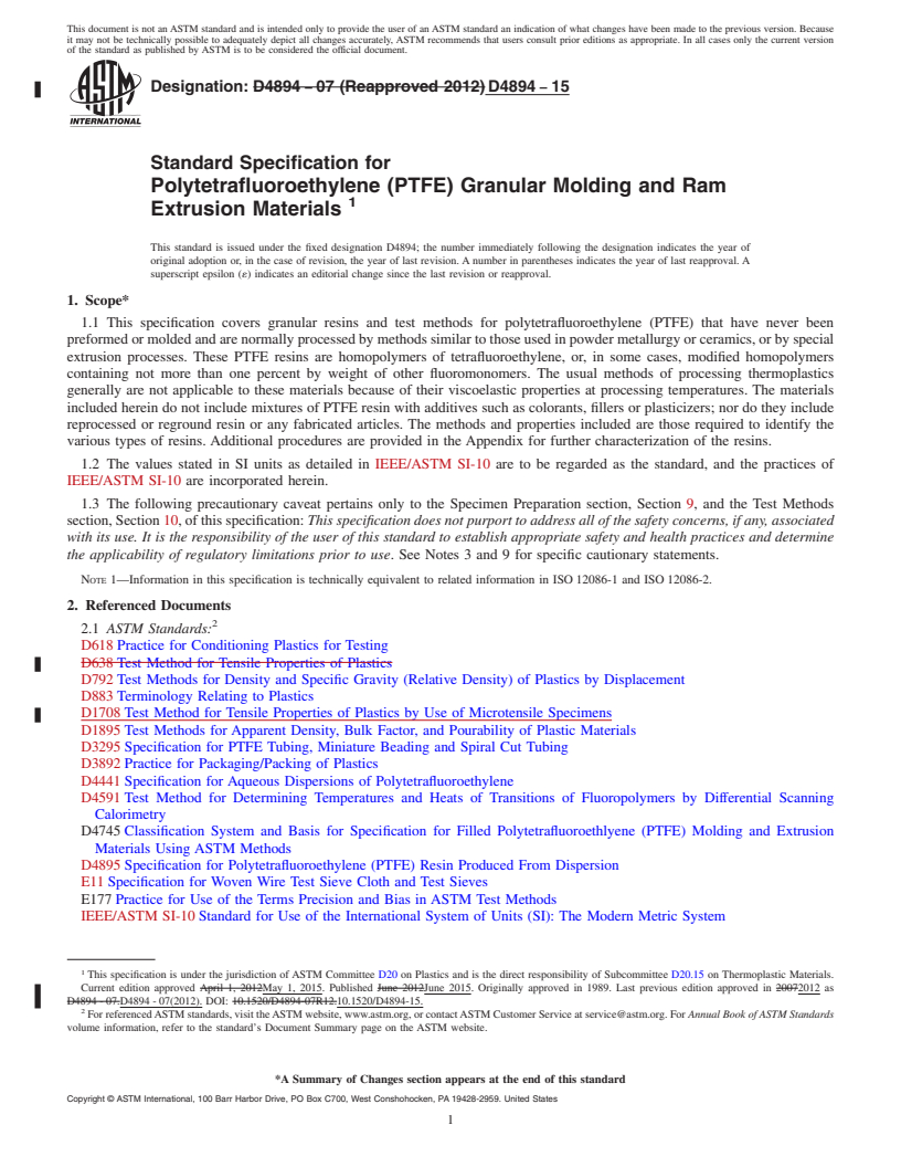 REDLINE ASTM D4894-15 - Standard Specification for  Polytetrafluoroethylene (PTFE) Granular Molding and Ram Extrusion  Materials