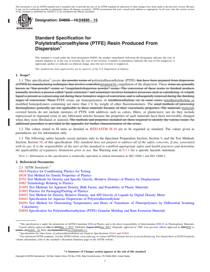 REDLINE ASTM D4895-15 - Standard Specification for  Polytetrafluoroethylene (PTFE) Resin Produced From Dispersion