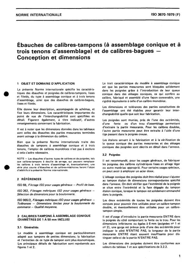 ISO 3670:1979 - Ébauches de calibres-tampons (a assemblage conique et a trois tenons d'assemblage) et de calibres-bagues -- Conception et dimensions