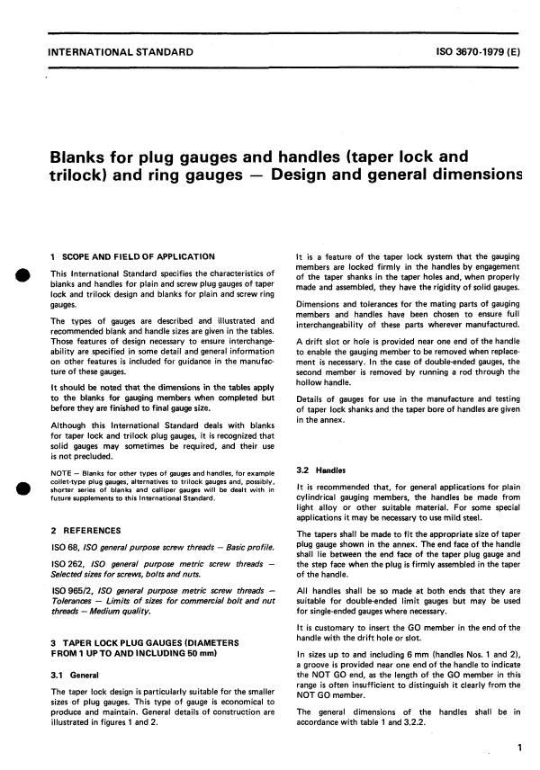 ISO 3670:1979 - Blanks for plug gauges and handles (taper lock and trilock) and ring gauges -- Design and general dimensions
