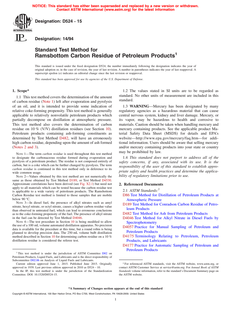 ASTM D524-15 - Standard Test Method for  Ramsbottom Carbon Residue of Petroleum Products