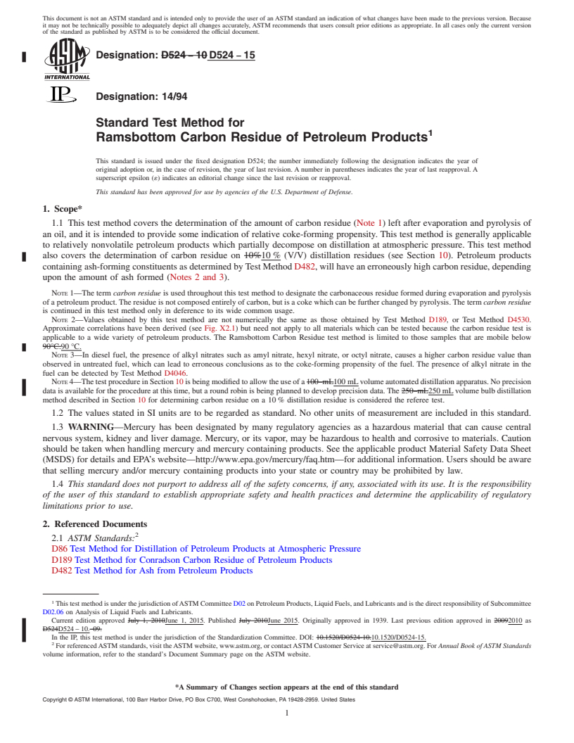 REDLINE ASTM D524-15 - Standard Test Method for  Ramsbottom Carbon Residue of Petroleum Products