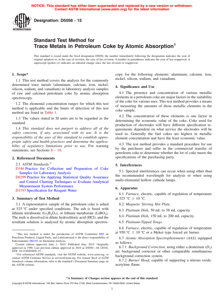 ASTM D5056-15 - Standard Test Method for  Trace Metals in Petroleum Coke by Atomic Absorption