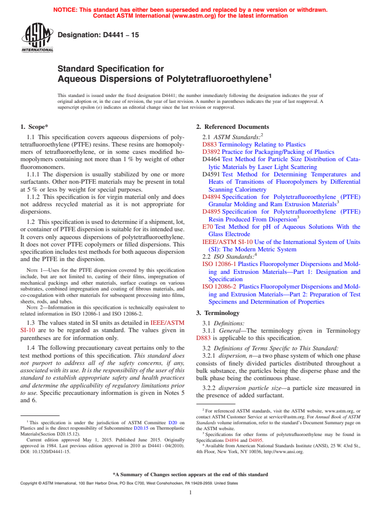 ASTM D4441-15 - Standard Specification for  Aqueous Dispersions of Polytetrafluoroethylene