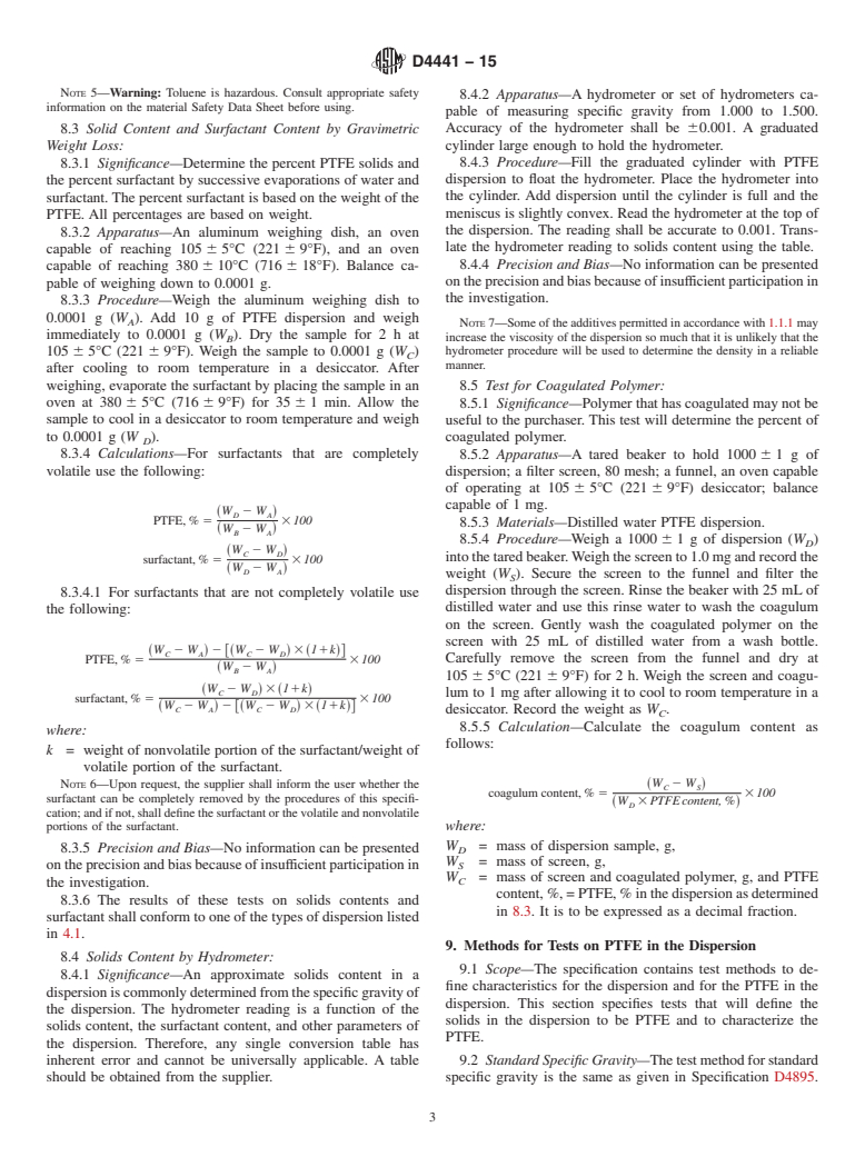 ASTM D4441-15 - Standard Specification for  Aqueous Dispersions of Polytetrafluoroethylene