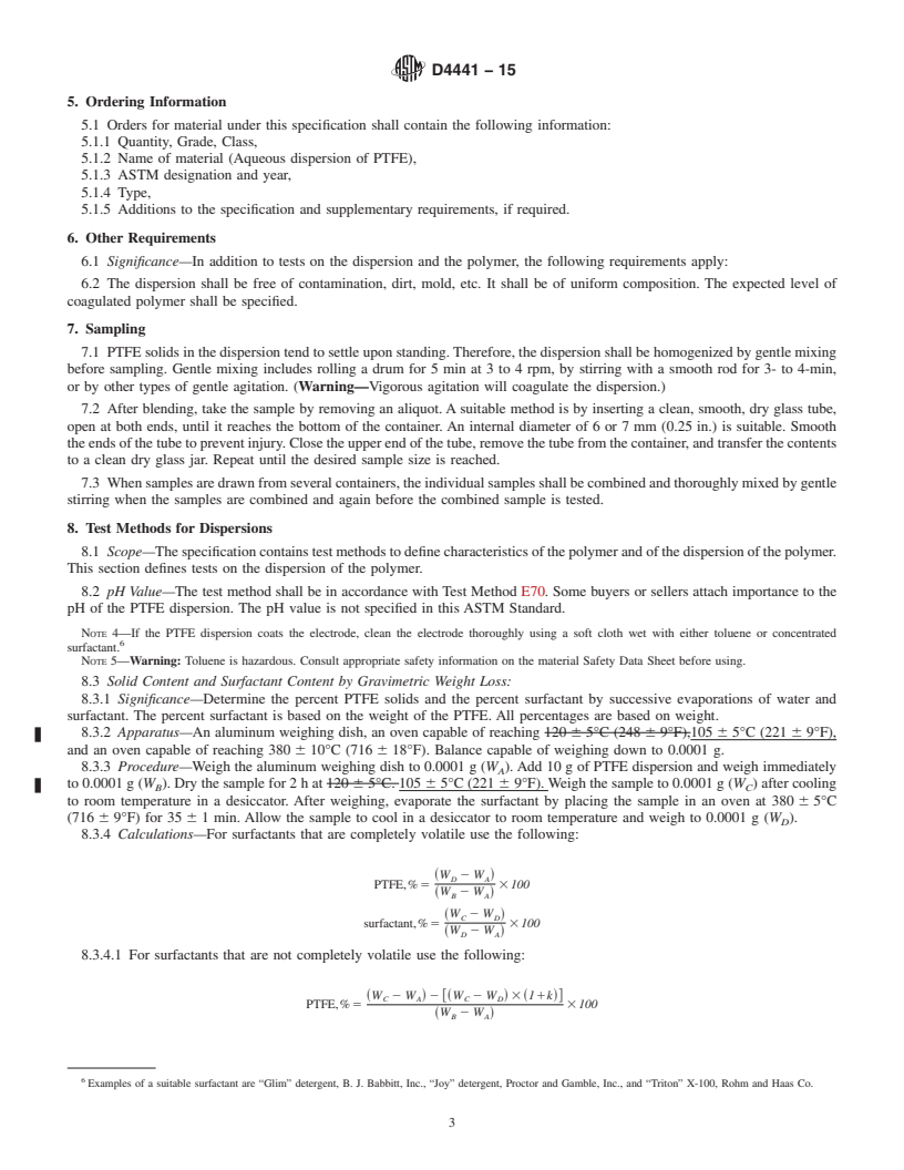 REDLINE ASTM D4441-15 - Standard Specification for  Aqueous Dispersions of Polytetrafluoroethylene