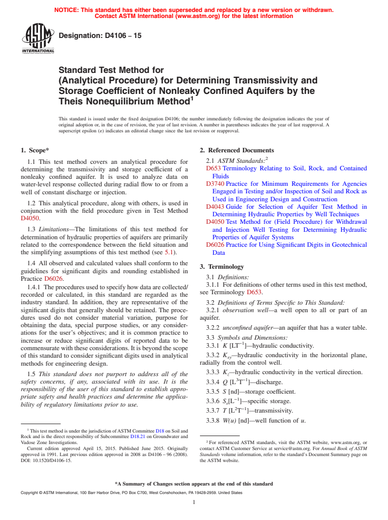 ASTM D4106-15 - Standard Test Method for  (Analytical Procedure) for Determining Transmissivity and Storage   Coefficient of Nonleaky Confined Aquifers by the Theis Nonequilibrium   Method