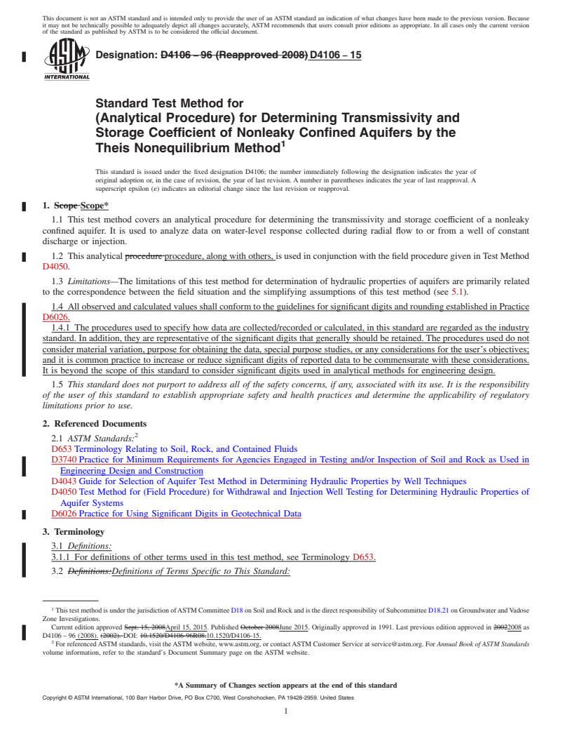 REDLINE ASTM D4106-15 - Standard Test Method for  (Analytical Procedure) for Determining Transmissivity and Storage   Coefficient of Nonleaky Confined Aquifers by the Theis Nonequilibrium   Method