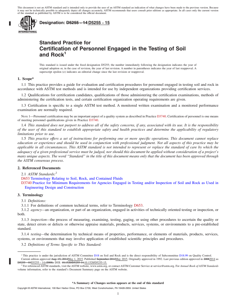 REDLINE ASTM D5255-15 - Standard Practice for Certification of Personnel Engaged in the Testing of Soil and  Rock
