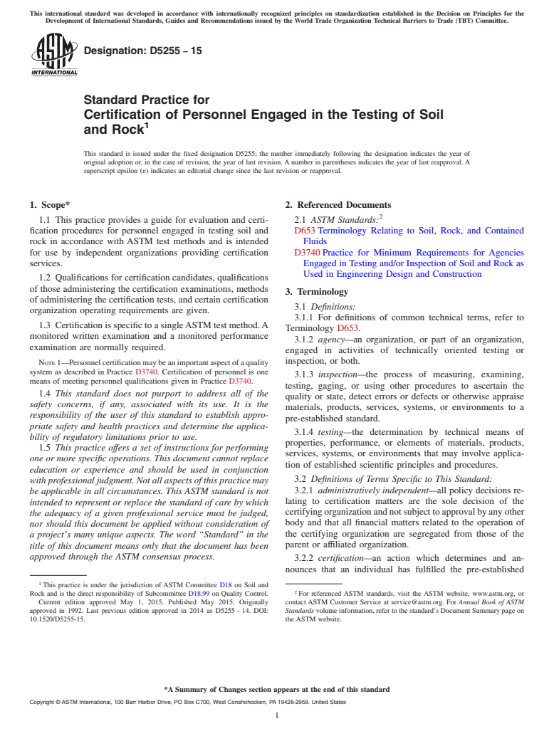ASTM D5255-15 - Standard Practice for Certification of Personnel Engaged in the Testing of Soil and  Rock