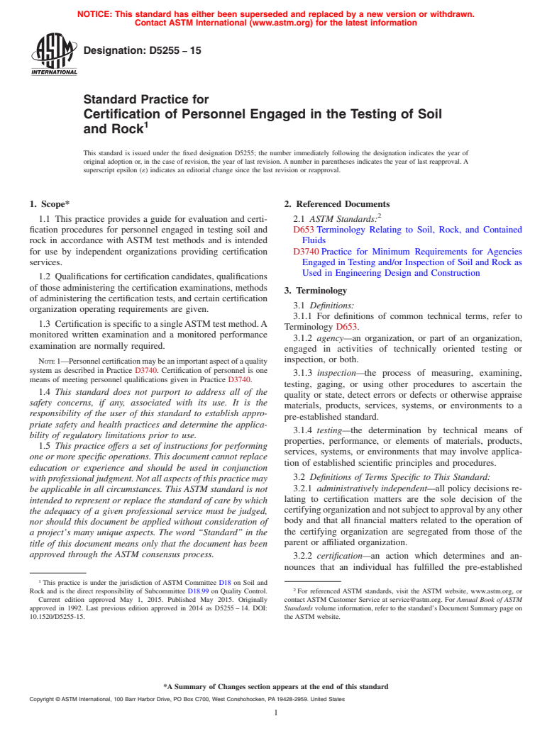 ASTM D5255-15 - Standard Practice for Certification of Personnel Engaged in the Testing of Soil and  Rock