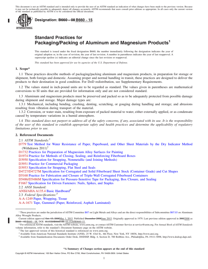 REDLINE ASTM B660-15 - Standard Practices for  Packaging/Packing of Aluminum and Magnesium Products