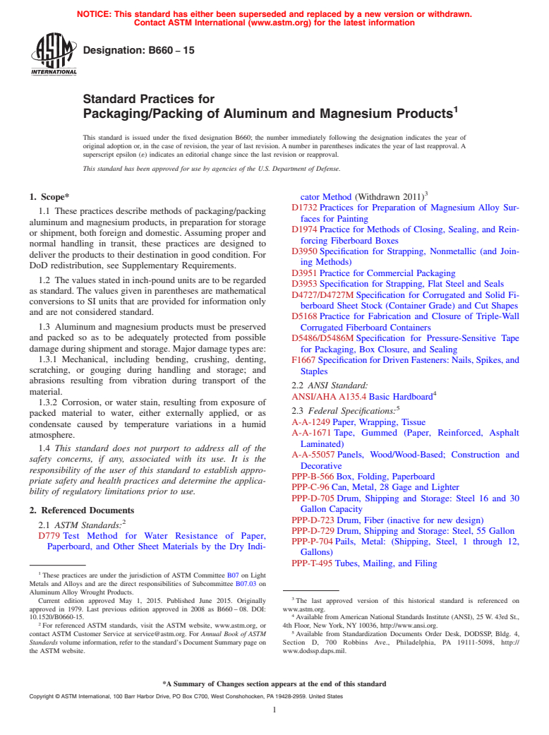 ASTM B660-15 - Standard Practices for  Packaging/Packing of Aluminum and Magnesium Products