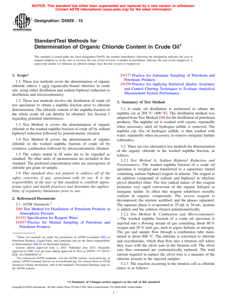 ASTM D4929-15 - Standard Test Methods for  Determination of Organic Chloride Content in Crude Oil