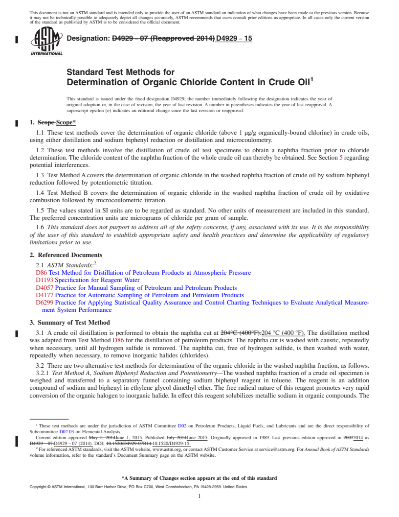 REDLINE ASTM D4929-15 - Standard Test Methods for  Determination of Organic Chloride Content in Crude Oil