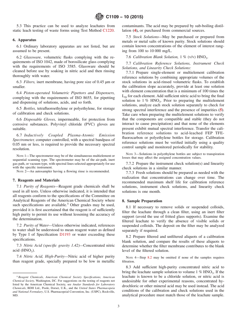 ASTM C1109-10(2015) - Standard Practice for  Analysis of Aqueous Leachates from Nuclear Waste Materials  Using Inductively Coupled Plasma-Atomic Emission Spectroscopy