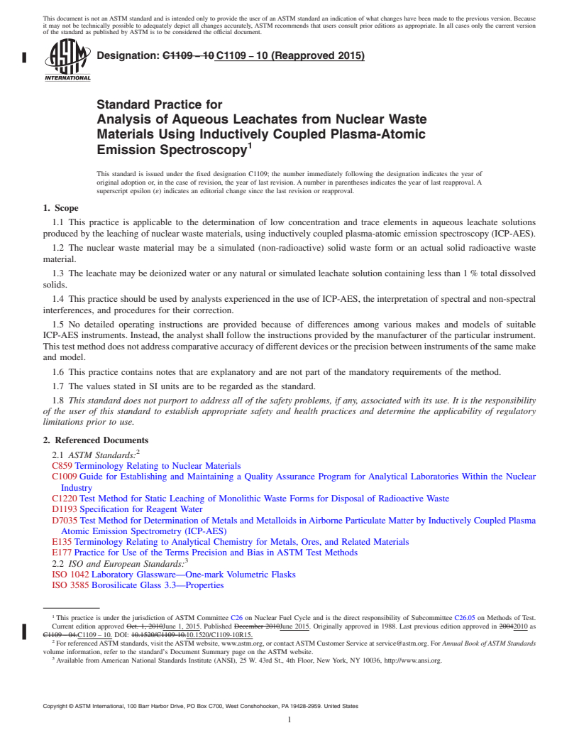 REDLINE ASTM C1109-10(2015) - Standard Practice for  Analysis of Aqueous Leachates from Nuclear Waste Materials  Using Inductively Coupled Plasma-Atomic Emission Spectroscopy