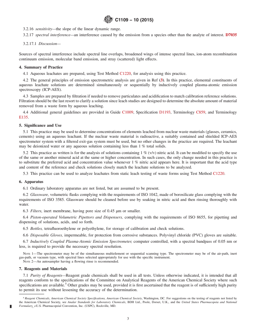 REDLINE ASTM C1109-10(2015) - Standard Practice for  Analysis of Aqueous Leachates from Nuclear Waste Materials  Using Inductively Coupled Plasma-Atomic Emission Spectroscopy