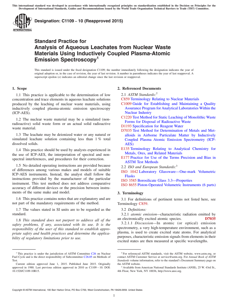 ASTM C1109-10(2015) - Standard Practice for  Analysis of Aqueous Leachates from Nuclear Waste Materials  Using Inductively Coupled Plasma-Atomic Emission Spectroscopy