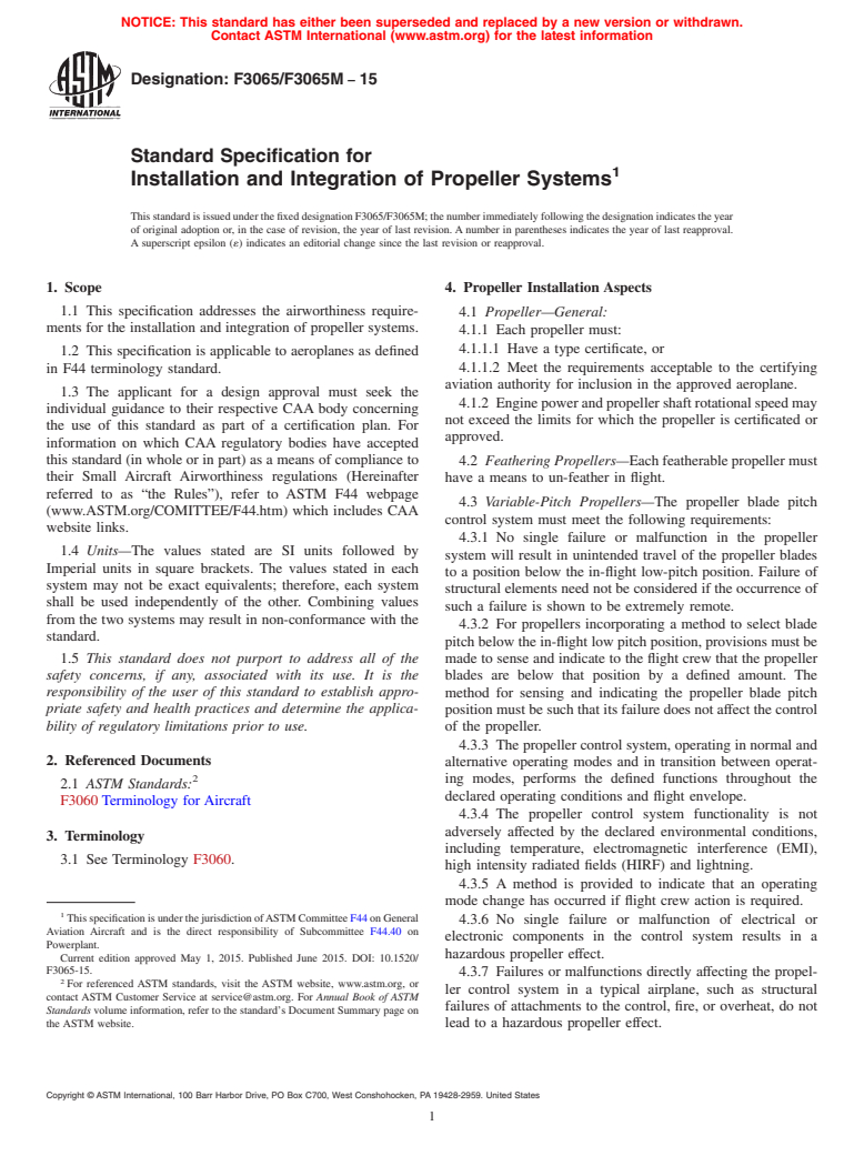 ASTM F3065/F3065M-15 - Standard Specification for Installation and Integration of Propeller Systems