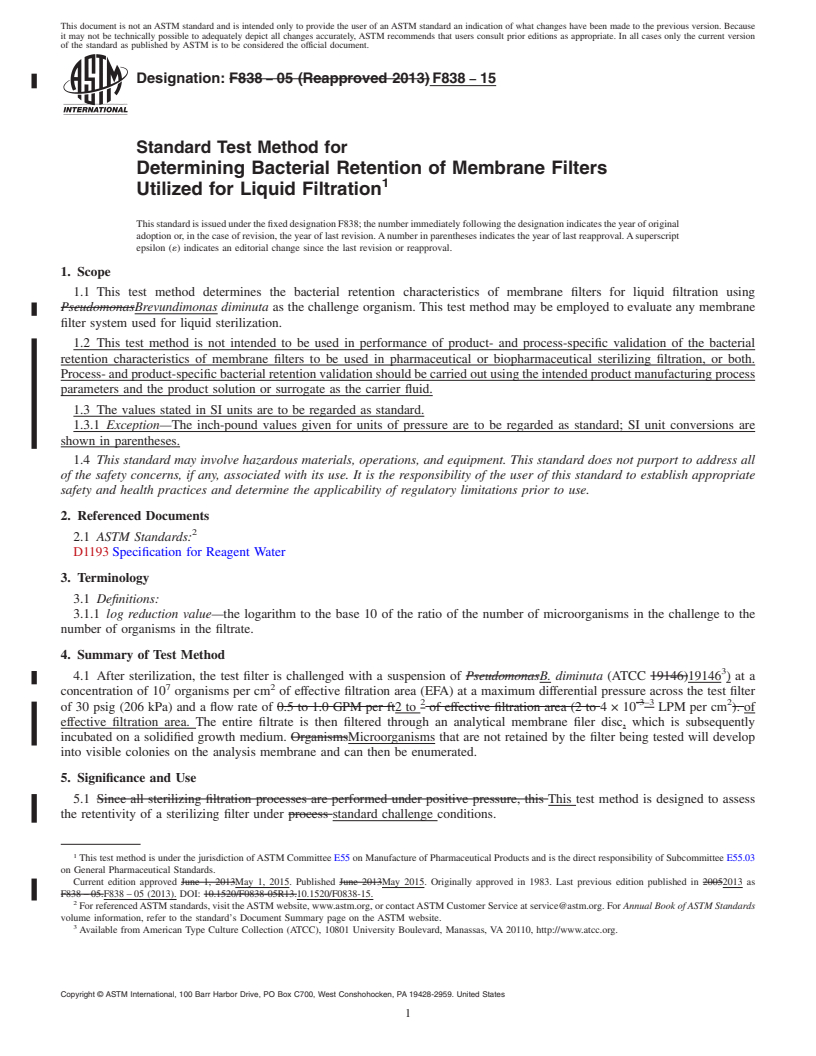 REDLINE ASTM F838-15 - Standard Test Method for  Determining Bacterial Retention of Membrane Filters Utilized  for Liquid Filtration